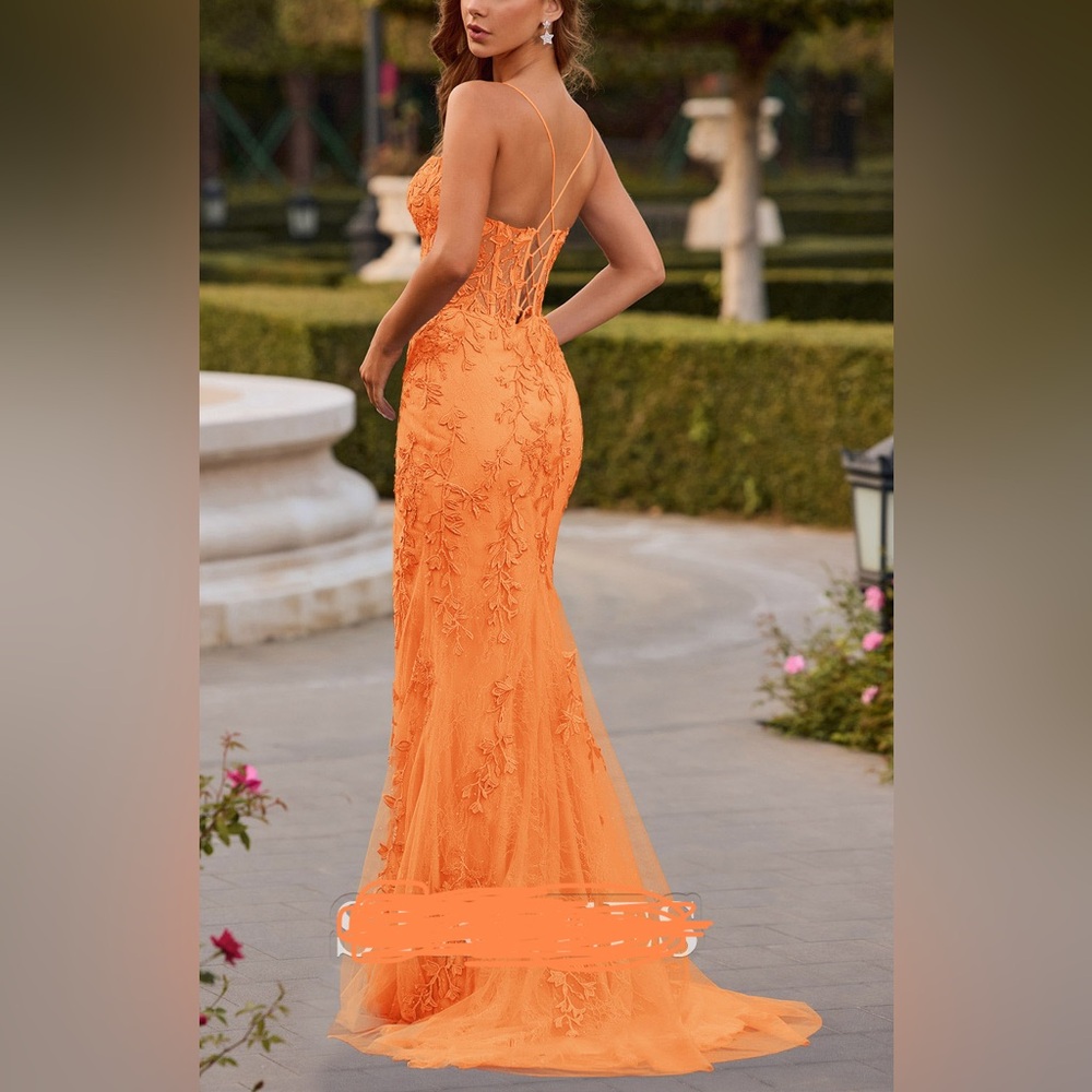 Mermaid Fitted V Neck Beading Leaf Lace Corset Sweep Train Slit Prom Dress - Picture 2 of 7